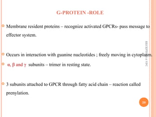 G-PROTEIN -ROLE 
 Membrane resident proteins – recognize activated GPCRs- pass message to 
effector system. 
 Occurs in interaction with guanine nucleotides ; freely moving in cytoplasm. 
 α, β and γ subunits – trimer in resting state. 
 3 subunits attached to GPCR through fatty acid chain – reaction called 
prenylation. 
RECEPTORS @ VPC 
20 
 