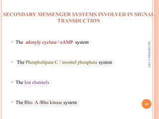 SECONDARY MESSENGER SYSTEMS INVOLVED IN SIGNAL 
TRANSDUCTION 
 The adenyly cyclase / cAMP system 
 The Phospholipase C / inositol phosphate system 
 The Ion channels 
 The Rho A /Rho kinase system 
RECEPTORS @ VPC 
23 
 