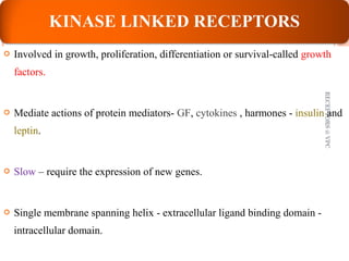  Involved in growth, proliferation, differentiation or survival-called growth 
factors. 
 Mediate actions of protein mediators- GF, cytokines , harmones - insulin and 
leptin. 
 Slow – require the expression of new genes. 
 Single membrane spanning helix - extracellular ligand binding domain - 
intracellular domain. 
RECEPTORS @ VPC 
27 
 
