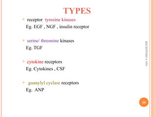 TYPES 
 receptor tyrosine kinases 
Eg. EGF , NGF , insulin receptor 
 serine/ threonine kinases 
Eg. TGF 
 cytokine receptors 
Eg. Cytokines , CSF 
 guanylyl cyclase receptors 
Eg. ANP 
RECEPTORS @ VPC 
29 
 