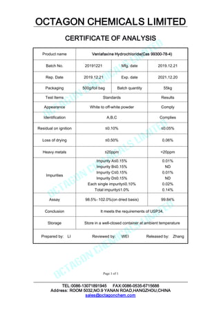 OCTAGON CHEMICALS LIMITED
CERTIFICATE OF ANALYSIS
TEL:0086-13071891945 FAX:0086-0535-6715688
Address: ROOM 5032,NO.9 YANAN ROAD,HANGZHOU,CHINA
sales@octagonchem.com
Page 1 of 1
Product name Venlafaxine Hydrochloride(Cas 99300-78-4)
Batch No. 20191221 Mfg. date 2019.12.21
Rep. Date 2019.12.21 Exp. date 2021.12.20
Packaging 500g/foil bag Batch quantity 55kg
Test Items Standards Results
Appearance White to off-white powder Comply
Identification A,B,C Complies
Residual on ignition ≤0.10% ≤0.05%
Loss of drying ≤0.50% 0.06%
Heavy metals ≤20ppm <20ppm
Impurities
Impurity A≤0.15%
Impurity B≤0.15%
Impurity C≤0.15%
Impurity D≤0.15%
Each single impurity≤0.10%
Total impurity≤1.0%
0.01%
ND
0.01%
ND
0.02%
0.14%
Assay 98.5%~102.0%(on dried basis) 99.84%
Conclusion It meets the requirements of USP34.
Storage Store in a well-closed container at ambient temperature
Prepared by: LI Reviewed by: WEI Released by: Zhang
 