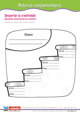 Despertar la creatividad
Educación emocional de los maestros
(Complemento de la página 15 de la revista de noviembre.)




                                     Deseo
       ........................................................................
       ................................................................

                                                                                                                                                                          Acción: ..................................
                                                                                                                                                                          .....................................................
                                                                                                                                                                          Fecha: ....................................


                                                                                                                      Acción: ....................................
                                                                                                                      .......................................................
                                                                                                                      Fecha: ......................................


                                                            Acción: ....................................
                                                            .......................................................
                                                            Fecha: ......................................


       Acción: .................................
        .................................................
        Fecha: .................................




                                               DESCARGA GRATUITA DE MAESTRA JARDINERA N.º 162 - NOVIEMBRE 2010


                                                                                     BUSCA MÁS MATERIAL COMPLEMENTARIO EN                                                                           www.ediba.com
 