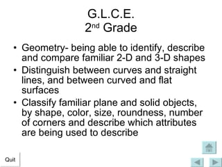 G.L.C.E. 2 nd  Grade Geometry- being able to identify, describe and compare familiar 2-D and 3-D shapes Distinguish between curves and straight lines, and between curved and flat surfaces Classify familiar plane and solid objects, by shape, color, size, roundness, number of corners and describe which attributes are being used to describe Quit 
