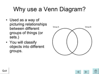 Why use a Venn Diagram? Used as a way of picturing relationships between different groups of things (or sets.)  You will classify objects into different groups. Group A Group B Quit 