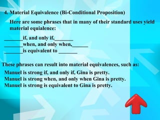 4. Material Equivalence (Bi-Conditional Proposition)
   Here are some phrases that in many of their standard uses yield
   material equialence:
 _______if, and only if,_______
 _______when, and only when,______
 _______is equivalent to _______

These phrases can result into material equivalences, such as:
 Manuel is strong if, and only if, Gina is pretty.
 Manuel is strong when, and only when Gina is pretty.
 Manuel is strong is equivalent to Gina is pretty.
 