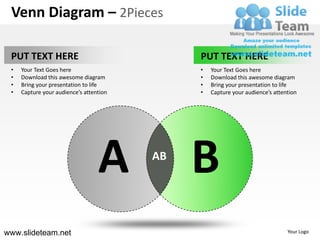 Venn Diagram – 2Pieces

 PUT TEXT HERE                                PUT TEXT HERE
 •   Your Text Goes here                      •   Your Text Goes here
 •   Download this awesome diagram            •   Download this awesome diagram
 •   Bring your presentation to life          •   Bring your presentation to life
 •   Capture your audience’s attention        •   Capture your audience’s attention




                                  A      AB
                                              B
www.slideteam.net                                                              Your Logo
 