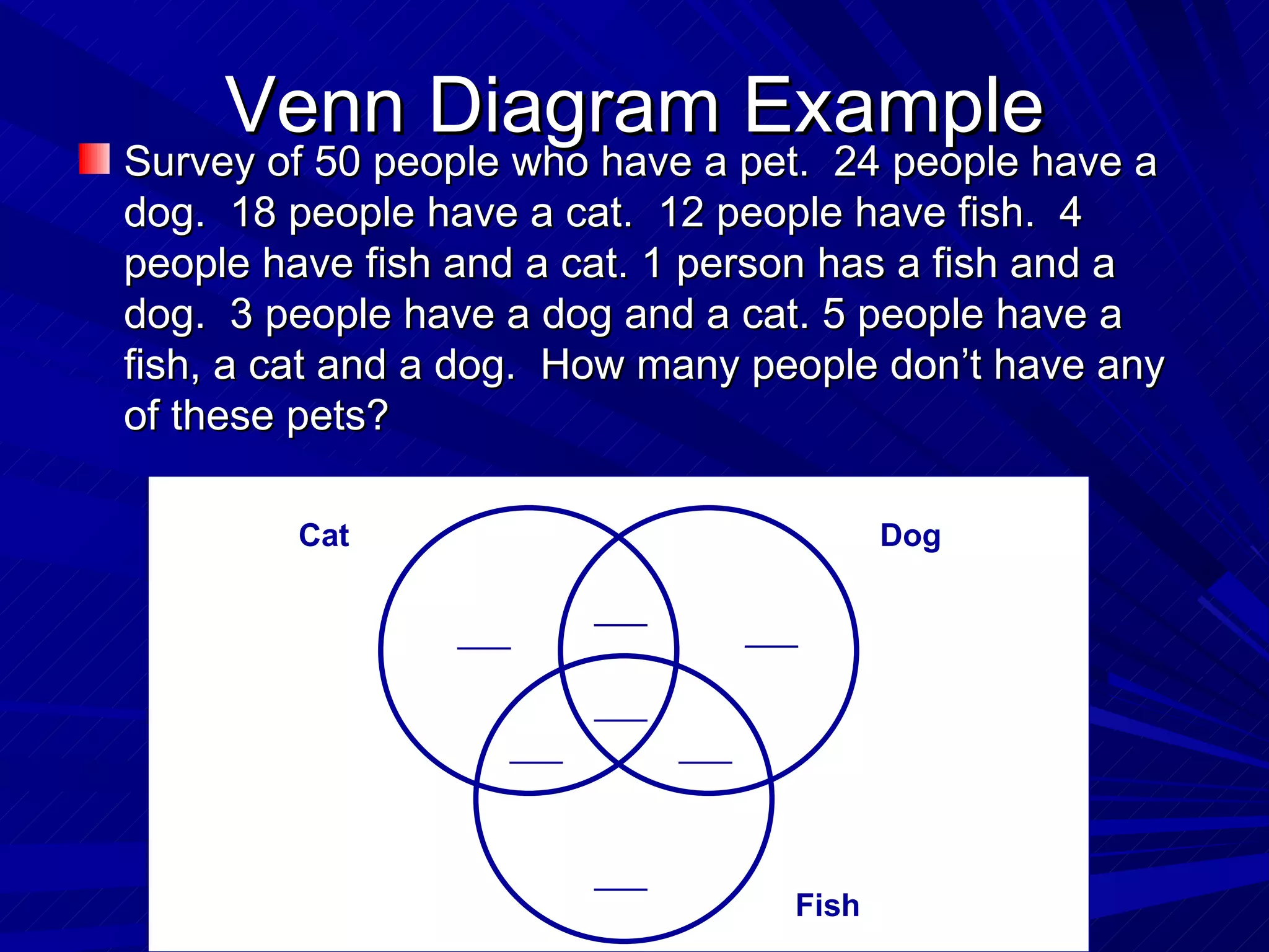 Venn Diagram Example
Survey of 50 people who have a pet. 24 people have a
dog. 18 people have a cat. 12 people have fish. 4
people have fish and a cat. 1 person has a fish and a
dog. 3 people have a dog and a cat. 5 people have a
fish, a cat and a dog. How many people don’t have any
of these pets?

        Cat                                   Dog

                         ___
                ___                  ___

                         ___
                   ___         ___



                         ___
                                       Fish
 