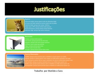 Justificações
Querer
•Cãozinho bebé: porque gosto muito de cãezinhos bebé
•Cruzeiro da Polly: porque eu brinco muito com as pollys
•Gatinho bebé: porque são muitos fofinhos
•Jogos para a PSP: porque tenho muito poucos
•Casa de bonecas: porque tenho muitas bonecas
•Monster High porque não tenho nenhuma

Necessitar
•Casaco: porque tenho poucos
•Secretária: porque preciso de uma nova
•Sapatos: porque não tenho quase nenhuns
•Dinheiro: para coisas que preciso
•Água: porque preciso para viver
•Família: para nos dar amor
•Estudar: porque preciso de ter boas notas

Querer/Necessitar
•Tablet: porque posso precisar para o trabalho ou posso querer um tablet
•Roupa: porque eu posso querer mais roupas ou então posso necessitar de roupa
•Casa: porque eu posso não ter casa e necessitar de uma ou então posso querer mais
•Wc privado: porque eu posso necessitar de um ou então posso querer um
•Avião a jato: porque posso precisar para o trabalho ou então posso querer um
•Computador: porque posso precisar para o trabalho ou então posso querer um

Trabalho por Matilde e Sara

 
