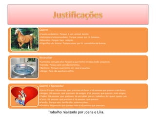 Querer
•Cavalo verdadeiro: Porque é um animal bonito.
•Helicóptero telecomandado: Porque posso por lá bonecas.
•Mascotes: Porque faço coleção.
•Frigorífico de brincar: Porque posso por lá comidinhas de brincar.

Necessitar
•Camisolas com gola alta: Porque as que tenho em casa estão pequenas.
•Comida: Porque sem comida morremos.
•Banheira: Porque a que tenho em casa se avariou.
•Abrigo: Para não apanharmos frio.

Querer e Necessitar
•Livros: Porque há pessoas que precisam de livros e há pessoas que querem mais livros.
•Amigos: Há pessoas que precisam de amigos e há pessoas que querem mais amigos.
•Tablet: Há pessoas que precisam de um tablet para o trabalho e há quem queira um.
•Carro: Há pessoas que precisam e há pessoas que querem.
•Família: Porque sem família não podemos viver.
•Dinheiro: Há pessoas que querem mais e há pessoas que precisam.

Trabalho realizado por Joana e Lília.

 