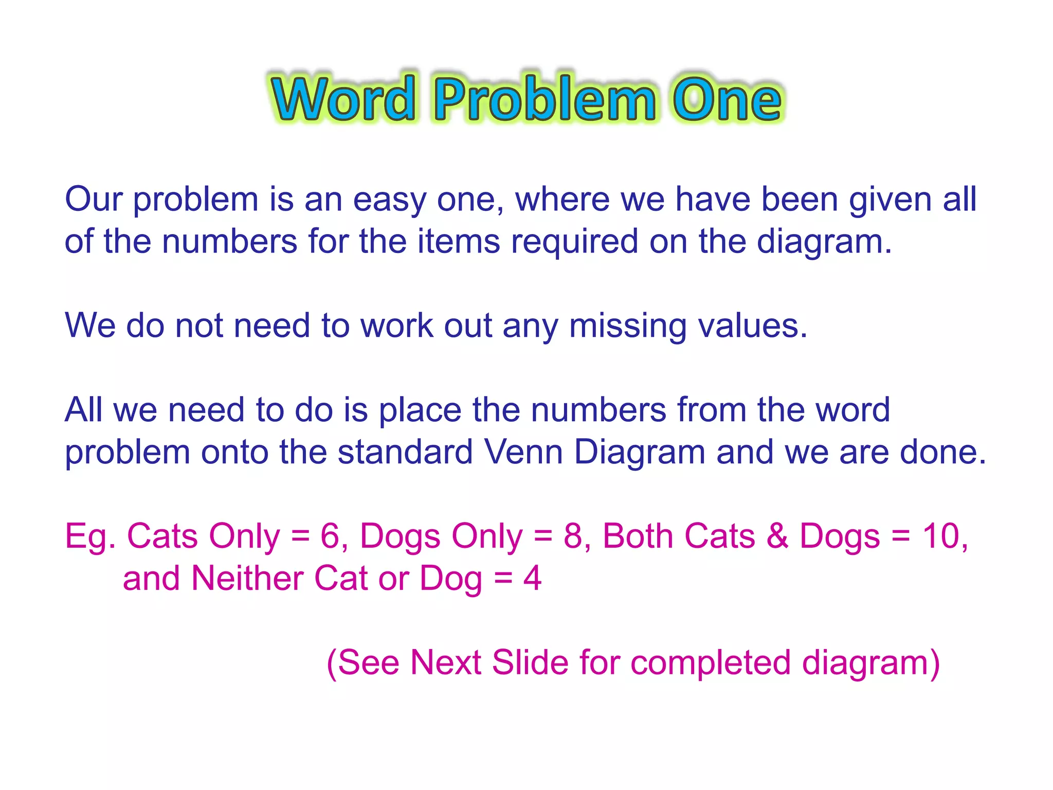 Our problem is an easy one, where we have been given all
of the numbers for the items required on the diagram.

We do not need to work out any missing values.

All we need to do is place the numbers from the word
problem onto the standard Venn Diagram and we are done.

Eg. Cats Only = 6, Dogs Only = 8, Both Cats & Dogs = 10,
    and Neither Cat or Dog = 4

                (See Next Slide for completed diagram)
 