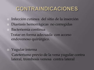 CONTRAINDICACIONES Infección cutánea  del sitio de la inserciónDiastasis hemorrágicas  no corregidas Bacteriemia continua     Tratar en forma adecuada  con acceso endovenoso quirúrgico.Yugular interna      Cateterismo previo de la vena yugular contra lateral, trombosis venosa  contra lateral