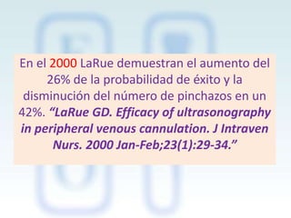 En el 2000 LaRue demuestran el aumento del
26% de la probabilidad de éxito y la
disminución del número de pinchazos en un
42%. “LaRue GD. Efficacy of ultrasonography
in peripheral venous cannulation. J Intraven
Nurs. 2000 Jan-Feb;23(1):29-34.”

 