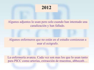 2012
Algunos adjuntos lo usan pero solo cuando han intentado una
canalización y han fallado.

Algunos enfermeros que no están en el estudio comienzan a
usar el ecógrafo.

La enfermería avanza. Cada vez son mas los que lo usan tanto
para PICC como arterias, extracción de muestras, abbocath…

 