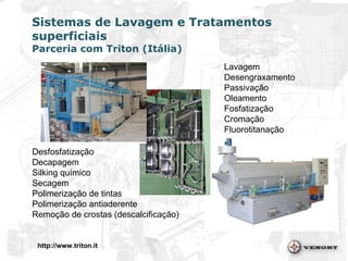 Sistemas de Lavagem e Tratamentos superficiais Parceria com Triton (Itália) http://www.triton.it Lavagem  Desengraxamento  Passivação Oleamento Fosfatização Cromação Fluorotitanação Desfosfatização Decapagem Silking químico  Secagem Polimerização de tintas Polimerização antiaderente Remoção de crostas (descalcificação) 