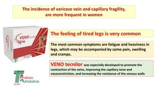 The incidence of varicose vein and capillary fragility,
are more frequent in women
The feeling of tired legs is very common
The most common symptoms are fatigue and heaviness in
legs, which may be accompanied by some pain, swelling
and cramps.
VENO tecnilor was especially developed to promote the
contraction of the veins, improving the capillary tone and
vasoconstriction, and increasing the resistance of the venous walls
 