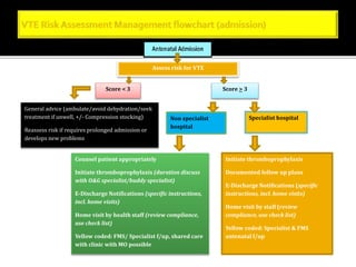 Assess risk for VTE 
Score < 3 Score > 3 
General advice (ambulate/avoid dehydration/seek 
treatment if unwell, +/- Compression stocking) 
Reassess risk if requires prolonged admission or 
develops new problems 
Non specialist 
hospital 
Specialist hospital 
Counsel patient appropriately 
Initiate thromboprophylaxis (duration discuss 
with O&G specialist/buddy specialist) 
E-Discharge Notifications (specific instructions, 
incl. home visits) 
Home visit by health staff (review compliance, 
use check list) 
Yellow coded: FMS/ Specialist f/up, shared care 
with clinic with MO possible 
Initiate thromboprophylaxis 
Documented follow up plans 
E-Discharge Notifications (specific 
instructions, incl. home visits) 
Home visit by staff (review 
compliance, use check list) 
Yellow coded: Specialist & FMS 
antenatal f/up 
 