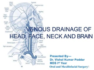 VENOUS DRAINAGE OF
HEAD, FACE, NECK AND BRAIN
Presented By—
Dr. Vishal Kumar Poddar
MDS Ist Year
Oral and Maxillofacial Surgery1
 