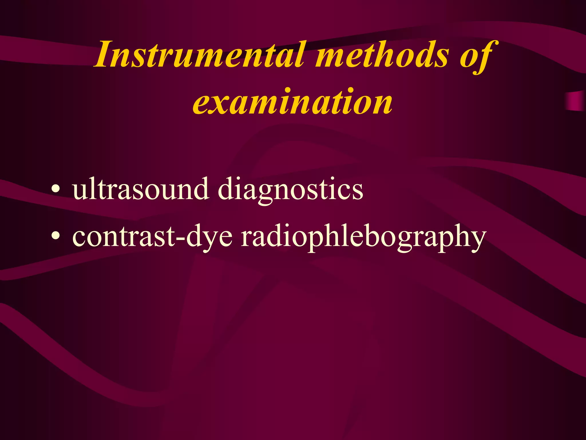 Scheins' test.The patient is placed on the back, his legs are raised. After draining of superficial veins three tourniquets are applied. The patient is asked to rise. A quick swelling of the veins between the tourniquets points to an incompetent perforating vein in this place. 