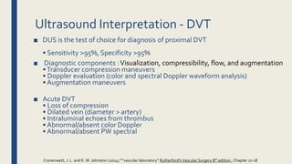 Ultrasound Interpretation ‐ DVT
■ DUS is the test of choice for diagnosis of proximal DVT
• Sensitivity >95%, Specificity >95%
■ Diagnostic components :Visualization, compressibility, flow, and augmentation
•Transducer compression maneuvers
• Doppler evaluation (color and spectral Doppler waveform analysis)
• Augmentation maneuvers
■ Acute DVT
• Loss of compression
• Dilated vein (diameter > artery)
• Intraluminal echoes from thrombus
• Abnormal/absent color Doppler
• Abnormal/absent PW spectral
Cronenwett, J. L. and K.W. Johnston (2014).””vascular laboratory” Rutherford'sVascular Surgery 8th edition , Chapter 17-18
 