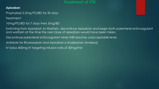 Treatment of VTE
Apixaban
Prophylaxis 2.5mg PO/BD for 35 days
Treatment:
10mg/PO/BD for 7 days then 5mg/BD
Switching from Apixaban to Warfarin, discontinue Apixaban and begin both parenteral anticoagulant
and warfarin at the time the next dose of apixaban would have been taken.
Discontinue parenteral anticoagulant when INR reaches unacceptable level.
Antidote for Rivaroxaban and Apixaban is Andexanet (Andexa)
IV bolus 400mg IV targeting infusion rate of 30mg/min
 