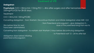 Treatment of VTE
Dabigatran
Prophylaxis CrCl > 30mL/min 110mg PO 1 – 4hrs after surgery and after hemostasis then
220mg/PO/OD for 28-35 days.
Treatment
CrCl > 30mL/min 150mg/PO/BD
Converting dabigatran : from Warfarin: Discontinue Warfarin and initiate dabigatran when INR < 2.0
: from Parenteral anticoagulant – give dabigatran 0 –
2hrs before time for next dose of the parenteral drug that was to
have been administered.
Converting from dabigatran : to warfarin start Warfarin 3 days before discontinuing dabigatran
: to Parenteral wait 12 – 24 hrs after last
dabigatran dose before initiating
parenteral anticoagulant.
 