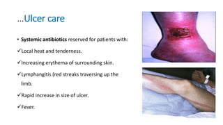 …Ulcer care
• Systemic antibiotics reserved for patients with:
Local heat and tenderness.
Increasing erythema of surrounding skin.
Lymphangitis (red streaks traversing up the
limb.
Rapid increase in size of ulcer.
Fever.
 