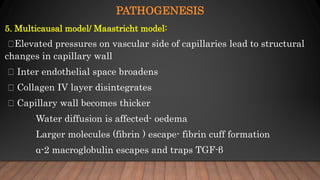 PATHOGENESIS
5. Multicausal model/ Maastricht model:
Elevated pressures on vascular side of capillaries lead to structural
changes in capillary wall
Inter endothelial space broadens
Collagen IV layer disintegrates
Capillary wall becomes thicker
Water diffusion is affected- oedema
Larger molecules (fibrin ) escape- fibrin cuff formation
α-2 macroglobulin escapes and traps TGF-β
 