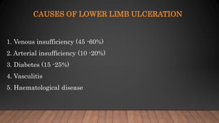 CAUSES OF LOWER LIMB ULCERATION
1. Venous insufficiency (45 -60%)
2. Arterial insufficiency (10 -20%)
3. Diabetes (15 -25%)
4. Vasculitis
5. Haematological disease
 