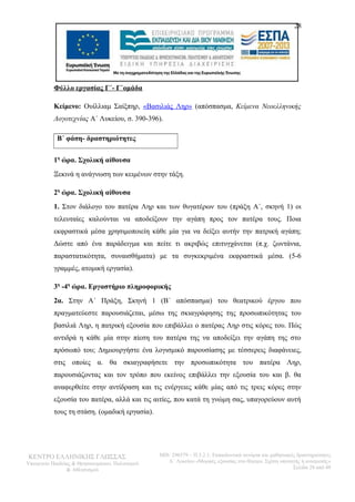 28 
Φύλλο εργασίας Γ΄- Γ΄ομάδα 
Κείμενο: Ουίλλιαμ Σαίξπηρ, «Βασιλιάς Ληρ» (απόσπασμα, Κείμενα Νεοελληνικής 
Λογοτεχνίας Α΄ Λυκείου, σ. 390-396). 
Β΄ φάση- δραστηριότητες 
1η ώρα. Σχολική αίθουσα 
Ξεκινά η ανάγνωση των κειμένων στην τάξη. 
2η ώρα. Σχολική αίθουσα 
1. Στον διάλογο του πατέρα Ληρ και των θυγατέρων του (πράξη Α΄, σκηνή 1) οι 
τελευταίες καλούνται να αποδείξουν την αγάπη προς τον πατέρα τους. Ποια 
εκφραστικά μέσα χρησιμοποιείη κάθε μία για να δείξει αυτήν την πατρική αγάπη; 
Δώστε από ένα παράδειγμα και πείτε τι ακριβώς επιτυγχάνεται (π.χ. ζωντάνια, 
παραστατικότητα, συναισθήματα) με τα συγκεκριμένα εκφραστικά μέσα. (5-6 
γραμμές, ατομική εργασία). 
3η -4η ώρα. Εργαστήριο πληροφορικής 
2α. Στην Α΄ Πράξη, Σκηνή 1 (Β΄ απόσπασμα) του θεατρικού έργου που 
πραγματεύεστε παρουσιάζεται, μέσω της σκιαγράφησης της προσωπικότητας του 
βασιλιά Ληρ, η πατρική εξουσία που επιβάλλει ο πατέρας Ληρ στις κόρες του. Πώς 
αντιδρά η κάθε μία στην πίεση του πατέρα της να αποδείξει την αγάπη της στο 
πρόσωπό του; Δημιουργήστε ένα λογισμικό παρουσίασης με τέσσερεις διαφάνειες, 
στις οποίες α. θα σκιαγραφήσετε την προσωπικότητα του πατέρα Ληρ, 
παρουσιάζοντας και τον τρόπο που εκείνος επιβάλλει την εξουσία του και β. θα 
αναφερθείτε στην αντίδραση και τις ενέργειες κάθε μίας από τις τρεις κόρες στην 
εξουσία του πατέρα, αλλά και τις αιτίες, που κατά τη γνώμη σας, υπαγορεύουν αυτή 
τους τη στάση. (ομαδική εργασία). 
ΚΕΝΤΡΟ ΕΛΛΗΝΙΚΗΣ ΓΛΩΣΣΑΣ 
Υπουργείο Παιδείας & Θρησκευμάτων, Πολιτισμού 
& Αθλητισμού 
MIS: 296579 – Π.3.2.1: Εκπαιδευτικά σενάρια και μαθησιακές δραστηριότητες 
Α΄ Λυκείου «Μορφές εξουσίας στο θέατρο. Σχέση υποταγής ή ανατροπή;» 
Σελίδα 28 από 48 
 