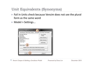 Unit Equivalents ( y
      q          (Synonyms)
                       y )
 Fail in Units check because Vensim does not see the plural 
 form as the same word
 form as the same word
 Model > Settings...

                                    1




                     2



                         3


Vensim Chapter 6: Building a Simulation Model   Presented by Diana Lim   December 2010
 