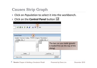 Causes Strip Graph
           p    p
 Click on Population to select it into the workbench.
 Click on the Control Panel button
 Cli k    th C t l P       l b tt
                                 1




                           2


                                                The last run you made (growth)
                                                is loaded first (at the top of the
                                                dialog).




Vensim Chapter 6: Building a Simulation Model    Presented by Diana Lim         December 2010
 