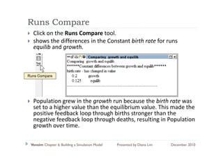 Runs Compare
        p
  Click on the Runs Compare tool.
  shows the differences in the Constant birth rate for runs 
  equilib and growth.



Runs Compare




  Population grew in the growth run because the birth rate was 
  set to a higher value than the equilibrium value. This made the 
  positive feedback loop through births stronger than the 
  positive feedback loop through births stronger than the
  negative feedback loop through deaths, resulting in Population 
  growth over time.

 Vensim Chapter 6: Building a Simulation Model   Presented by Diana Lim   December 2010
 