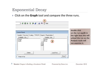 Exponential Decay
  p             y
 Click on the Graph tool and compare the three runs.
                                          1



                                                                         double click
                                                                         on the run equilib in
                                                                         the right box; this will
                                                                          h i h b        hi ill
                                                                         unload the run so the
                                                2                        Analysis tools will
                                                                         not examine it
                                                                                      it.




Vensim Chapter 6: Building a Simulation Model   Presented by Diana Lim         December 2010
 