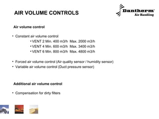 AIR VOLUME CONTROLS Air volume control Constant air volume control VENT 2 Min. 400 m3/h  Max. 2000 m3/h VENT 4 Min. 600 m3/h  Max. 3400 m3/h VENT 6 Min. 800 m3/h  Max. 4800 m3/h Forced air volume control (Air quality sensor / humidity sensor) Variable air volume control (Duct pressure sensor) Additional air volume control Compensation for dirty filters 