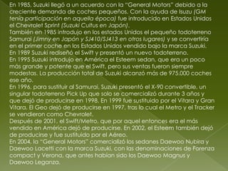 En 1985, Suzuki llegó a un acuerdo con la “General Motors” debido a la creciente demanda de coches pequeños. Con la ayuda de Isuzu (GM tenía participación en aquella época) fue introducido en Estados Unidos el Chevrolet Sprint (Suzuki Cultus en Japón).También en 1985 introdujo en los estados Unidos el pequeño todoterreno Samurai (Jimny en Japón y SJ410/SJ413 en otros lugares) y se convertiría en el primer coche en los Estados Unidos vendido bajo la marca Suzuki.En 1989 Suzuki rediseñó el Swift y presentó un nuevo todoterreno.En 1995 Suzuki introdujo en América el Esteem sedan, que era un poco más grande y potente que el Swift, pero sus ventas fueron siempre modestas. La producción total de Suzuki alcanzó más de 975.000 coches ese año.En 1996, para sustituir al Samurai, Suzuki presentó el X-90 convertible, un singular todoterreno Pick Up que solo se comercializó durante 3 años y que dejó de producirse en 1998. En 1999 fue sustituido por el Vitara y Gran Vitara. El Geo dejó de producirse en 1997, tras lo cual el Metro y el Tracker se vendieron como Chevrolet.Después de 2001, el Swift/Metro, que por aquel entonces era el más vendido en América dejó de producirse. En 2002, el Esteem también dejó de producirse y fue sustituido por el Aéreo.En 2004, la “General Motors” comercializó los sedanes Daewoo Nubira y Daewoo Lacetti con la marca Suzuki, con las denominaciones de Forenza compact y Verona, que antes habían sido los Daewoo Magnus y Daewoo Leganza.