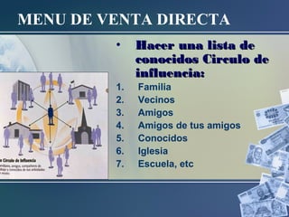 MENU DE VENTA DIRECTA
• Hacer una lista deHacer una lista de
conocidos Circulo deconocidos Circulo de
influencia:influencia:
1. Familia
2. Vecinos
3. Amigos
4. Amigos de tus amigos
5. Conocidos
6. Iglesia
7. Escuela, etc
 