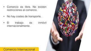• Comercio es libre. No existen
restricciones al comercio.
• No hay costes de transporte.
• El trabajo es inmóvil
internacionalmente.
Comercio Internacional
 