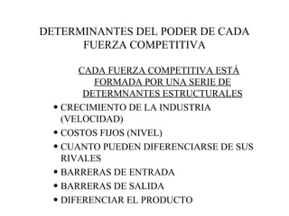 DETERMINANTES DEL PODER DE CADA FUERZA COMPETITIVA CADA FUERZA COMPETITIVA ESTÁ FORMADA POR UNA SERIE DE DETERMNANTES ESTRUCTURALES CRECIMIENTO DE LA INDUSTRIA (VELOCIDAD) COSTOS FIJOS (NIVEL) CUANTO PUEDEN DIFERENCIARSE DE SUS RIVALES BARRERAS DE ENTRADA BARRERAS DE SALIDA DIFERENCIAR EL PRODUCTO 