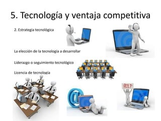 5. Tecnología y ventaja competitiva
2. Estrategia tecnológica




La elección de la tecnología a desarrollar

Liderazgo o seguimiento tecnológico

Licencia de tecnología
 