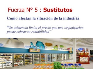 Fuerza N° 5 :  Sustitutos Como afectan la situación de la industria “ Su existencia limita el precio que una organización puede cobrar su rentabilidad” 