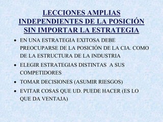 LECCIONES AMPLIAS
INDEPENDIENTES DE LA POSICIÓN
SIN IMPORTAR LA ESTRATEGIA
 EN UNA ESTRATEGIA EXITOSA DEBE
PREOCUPARSE DE LA POSICIÓN DE LA CIA. COMO
DE LA ESTRUCTURA DE LA INDUSTRIA
 ELEGIR ESTRATEGIAS DISTINTAS A SUS
COMPETIDORES
 TOMAR DECISIONES (ASUMIR RIESGOS)
 EVITAR COSAS QUE UD. PUEDE HACER (ES LO
QUE DA VENTAJA)
 