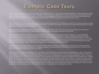  1984: Lanzamiento del primer Tsuru. El Tsuru (conocido como “Sentra” en EEUU y “Sunny” en otros mercados) significó un cambio radical para la marca
que ahora ofrecía un motor transversal con tracción delantera a diferencia del motor longitudinal con tracción trasera como se venían haciendo todos los
automóviles Datsun. Se ofrecía en 2, 4 y 5 puertas así como una versión Vagoneta. Más tarde lanzan una versión “turbo” del 5 puertas llamado Nissan
Ninja. Mas tarde Nissan ofrece un sistema de autofinanciamiento llamado “SICREA” que impulsa aún más las ventas del Tsuru.
 1988: Lanzan el Tsuru II, que no es otra cosa más que la nueva versión del Sentra de EEUU. Las versiones son: sedán de 2 ó 4 puertas y vagoneta. También
aparece una versión deportiva tipo Hatch-Back denominada “Hikari”. Por primera vez en México, ésta marca ofrece ahora dirección hidráulica en algunas
versiones y A/C en las versiones más equipadas.
 1992: Lanzan la nueva versión, el “Tsuru GS”, con 3 versiones: GS = austero, GST = Típico, GSX = Lujo. El motor sigue siendo un 4L carburado de
1600cc, 8 válvulas de 88HP. El “Hikari” aunque está descontinuado lo siguen vendiendo para desplazar la producción.
 1993: El Tsuru GS porta ahora un motor 4L de inyección de 1600cc, 8 válvulas y 93HP. En éste año se lanza la “Tsubame”, una vagoneta diseñada
totalmente como vagoneta, la cual no es una adaptación del sedán como se venían haciendo todas las vagonetas. También se lanza el TSURU GSR
2000, una versión deportiva de 2 puertas con uno de los motores con mejor desempeño de la época: un 4L con block de aleación, 2000cc, 16 válvulas con
control de tiempo de apertura y 145 HP. Éste auto venía equipado también con un diferencial viscoso de derrape limitado, frenos de disco en las 4 ruedas
y podía alcanzar los 230 km/h sin problemas. Pese a que el GSR2000 fue uno de los mejores autos de la época sus ventas fueron bajas porque la gente
sentía que a final de cuentas “seguía siendo un Tsuru”, aunque bajo el cofre era un auto totalmente diferente.
 1994: Una vez más el Tsuru GS cambia de motor: ahora porta un 4L de 1600cc, 16 válvulas con control de tiempo de apertura y 115 HP. Sin embargo
debido a una sobreproducción en 1993 Nissan se vio obligado a vender 2 versiones del Tsuru: El Tsuru GS con el motor de 93 HP y el “GS Plus” con el
motor de 16 válvulas de 115HP y con nuevos grupos ópticos.
 1996: En este año ya le tocaba cambio de línea al Tsuru GS debido a que históricamente los modelos de Nissan permanecían por 4 años en el mercado, sin
embargo debido a la devaluación de 1995 Nissan no podía vender la Nueva versión del Sentra como “el nuevo Tsuru” ya que los precios se dispararían.
De manera que decidieron seguir vendiendo el viejo “Tsuru GS” como “Tsuru” conjuntamente con la nueva versión llamada ahora “Sentra”. (Lo mismo
que pasa actualmente hoy en día con el Jetta A4 y el Bora). La orden específica que recibieron los Ingenieros de Diseño de Nissan en México fue: “Quitarle
TODO lo que no fuera necesario al Tsuru para lanzar una nueva versión muy barata y enfrentar así la crisis económica”. Así surgió en Tsuru GS I y el GS
II, versiones sumamente austeras. Nuevamente el motor sufrió modificaciones: Para abatir los costos le retiraron el control de tiempo de apertura de las
válvulas quedando ahora con 105 HP. Desde entonces hasta la fecha el Tsuru GS i y el Tsuru GS II han convivido armónicamente con el Sentra y a través
de éstos años ha sufrido varias modificaciones meramente estéticas. También éstas nuevas versiones del Tsuru han incrementado poco a poco su nivel de
equipamiento conforme la economía se estabilizaba para enfrentar a la competencia de los Subcompactos en México.
 
