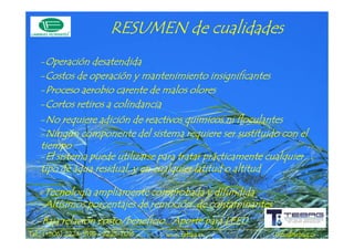 RESUMEN de cualidades
   -Operación desatendida
   -Costos de operación y mantenimiento insignificantes
   -Proceso aerobio carente de malos olores
   -Cortos retiros a colindancia
   -No requiere adición de reactivos quimicos ni floculantes
   -Ningún componente del sistema requiere ser sustituido con el
   tiempo
   -El sistema puede utilizarse para tratar prácticamente cualquier
   tipo de agua residual, y en cualquier latitud o altitud

   -Tecnología ampliamente comprobada y difundida
   -Altísimos porcentajes de remoción de contaminantes
  -Baja relación costo/beneficio. Aporte para LEED
             2224-       2225-
Tel.: (+506) 2224-9198 / 2225-7016   www.tebag.cr           info@tebag.cr
 