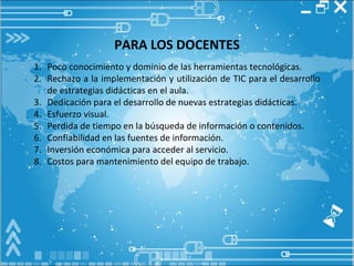 PARA LOS DOCENTES Poco conocimiento y dominio de las herramientas tecnológicas. Rechazo a la implementación y utilización de TIC para el desarrollo de estrategias didácticas en el aula. Dedicación para el desarrollo de nuevas estrategias didácticas. Esfuerzo visual. Perdida de tiempo en la búsqueda de información o contenidos. Confiabilidad en las fuentes de información. Inversión económica para acceder al servicio. Costos para mantenimiento del equipo de trabajo. 