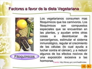 Factores a favor de la dieta Vegetariana Los vegetarianos consumen mas fitoqu í micos que los carn í voros. Los fitoqu í micos son compuestos especiales que se encuentran en las plantas, y ayudan entre otras cosas a desintoxicar de cancer í genos, estimular el sistema inmunol ó gico, regular el crecimiento de las c é lulas (lo cual ayuda a luchar contra el c á ncer), y a reducir algunos de los efectos nocivos de una exposici ó n excesiva a las hormonas. Fitoqu í micos Fuente:  http://library.gnc.com/healthnotes 