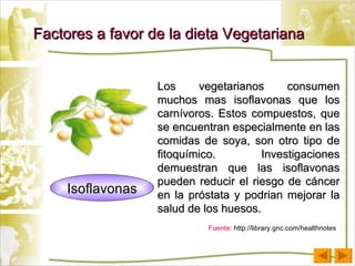 Factores a favor de la dieta Vegetariana Los vegetarianos consumen muchos mas isoflavonas que los carn í voros. Estos compuestos, que se encuentran especialmente en las comidas de soya, son otro tipo de fitoqu í mico. Investigaciones demuestran que las isoflavonas pueden reducir el riesgo de c á ncer en la pr ó stata y podrian mejorar la salud de los huesos. Isoflavonas Fuente:  http://library.gnc.com/healthnotes 