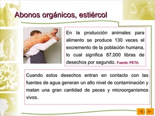 Abonos orgánicos, estiércol En la producción animales para alimento se produce 130 veces el excremento de la población humana, lo cual significa 87,000 libras de desechos por segundo.  Fuente: PETA.  Cuando estos desechos entran en contacto con las fuentes de agua generan un alto nivel de contaminación y matan una gran cantidad de peces y microorganismos vivos. 