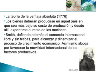 Lámina III-3
La teoría de la ventaja absoluta (1776)
Los bienes deberán producirse en aquel país en
que sea más bajo su costo de producción y desde
allí, exportarse al resto de las naciones.
Smith, defiende además el comercio internacional
libre y sin trabas, para alcanzar y dinamizar el
proceso de crecimiento económico. Asimismo aboga
por favorecer la movilidad internacional de los
factores productivos.
 