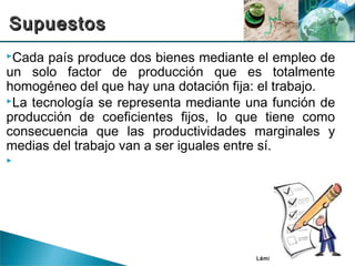 Lámina III-6
Cada país produce dos bienes mediante el empleo de
un solo factor de producción que es totalmente
homogéneo del que hay una dotación fija: el trabajo.
La tecnología se representa mediante una función de
producción de coeficientes fijos, lo que tiene como
consecuencia que las productividades marginales y
medias del trabajo van a ser iguales entre sí.

SupuestosSupuestos
 