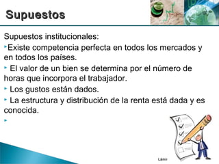 Lámina III-8
Supuestos institucionales:
Existe competencia perfecta en todos los mercados y
en todos los países.
 El valor de un bien se determina por el número de
horas que incorpora el trabajador.
 Los gustos están dados.
 La estructura y distribución de la renta está dada y es
conocida.

SupuestosSupuestos
 